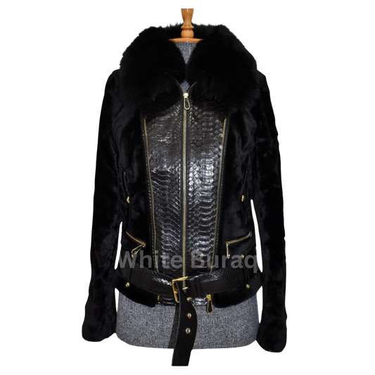 Black leather jacket with fur collar and metallic panel 