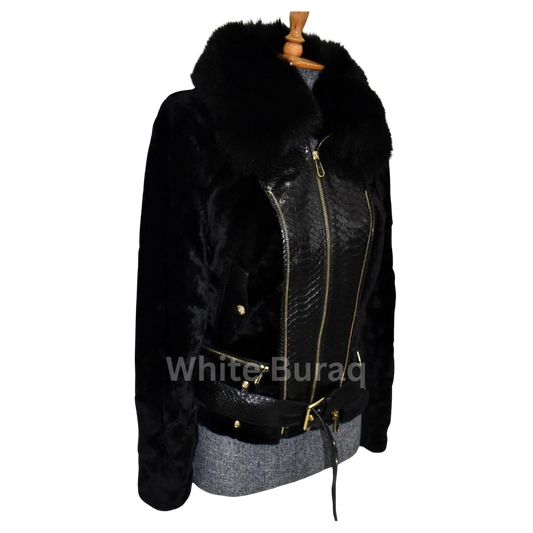 Black leather jacket with fur hood