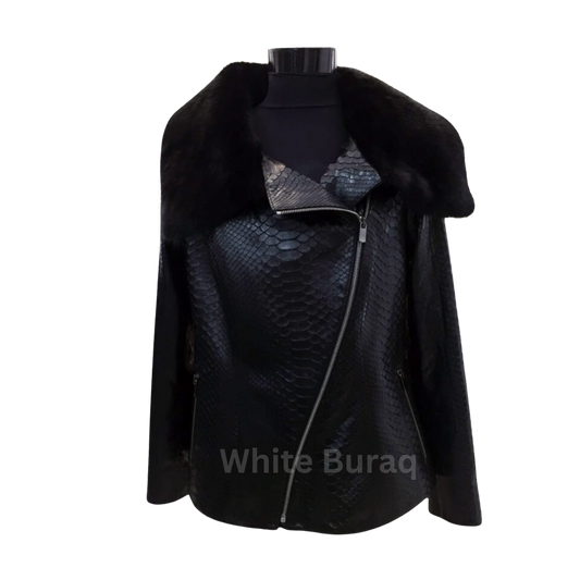 Black leather jacket with snake skin pattern 