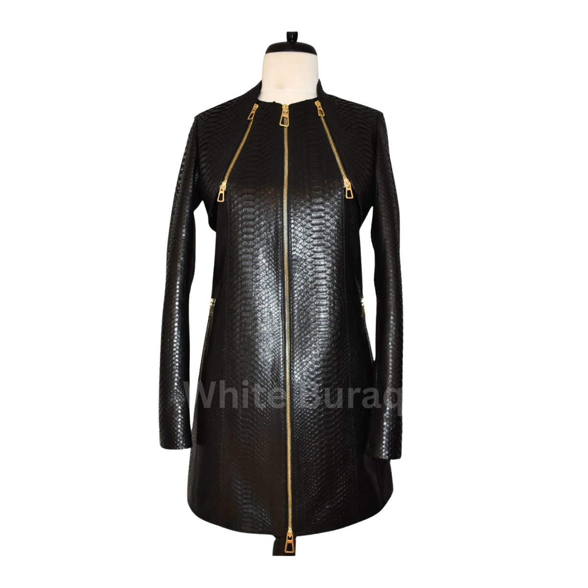 Black leather jacket with gold zipper on a mannequin 