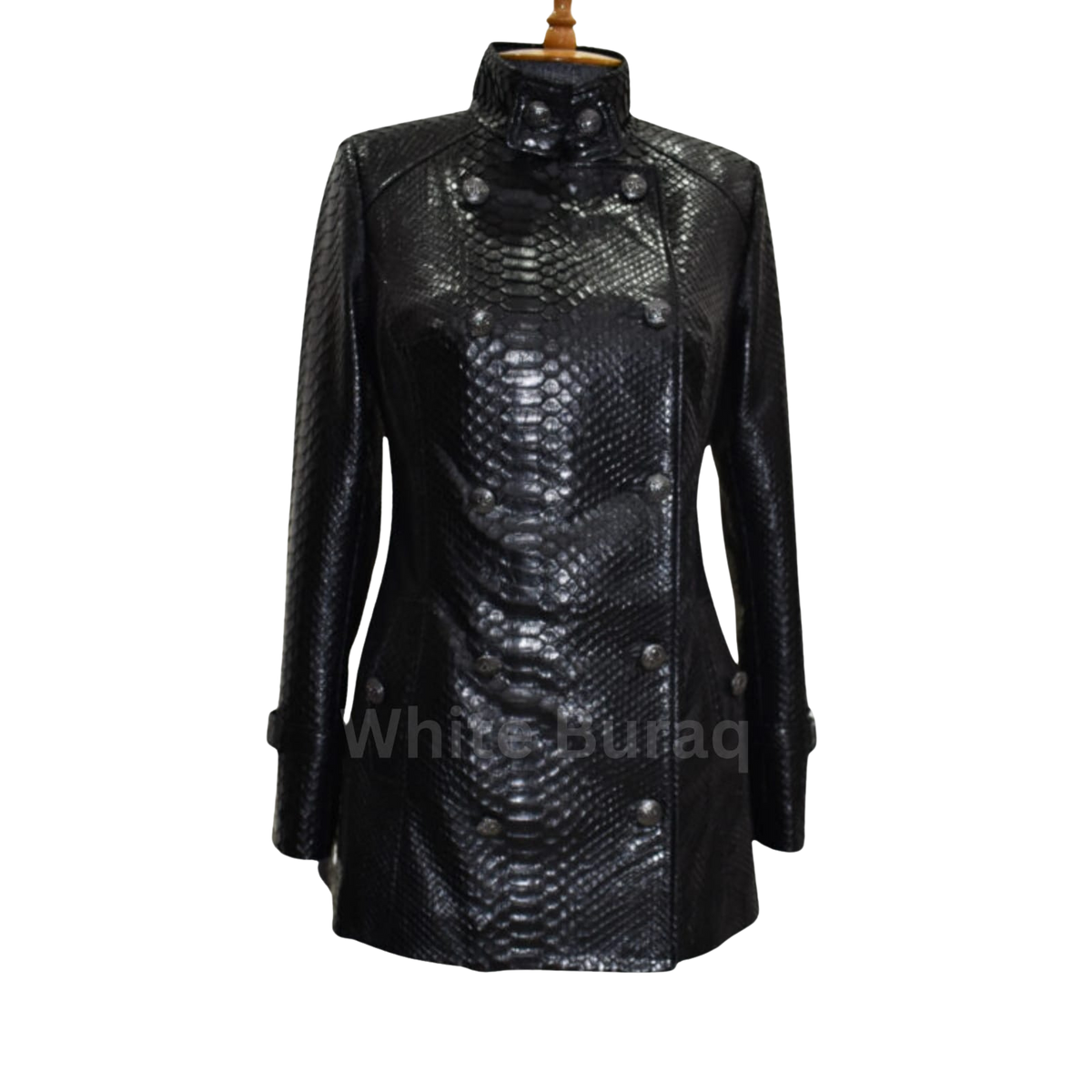 Black leather jacket with snake skin pattern on a mannequin 