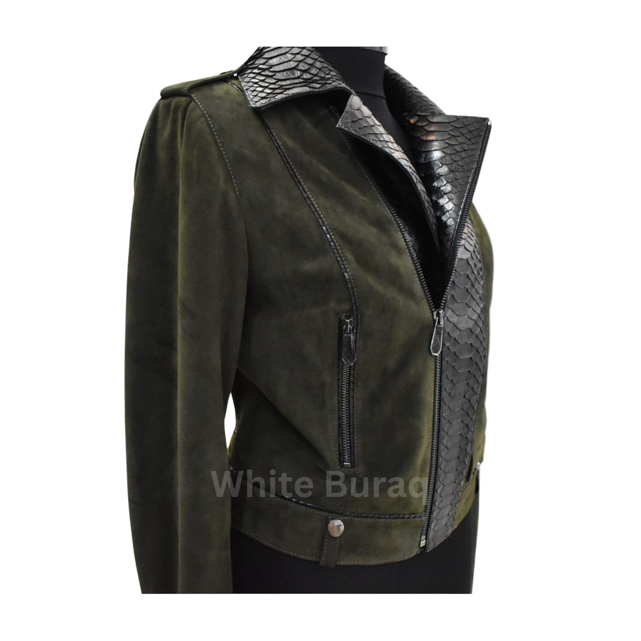 Green leather jacket with snake skin collar 
