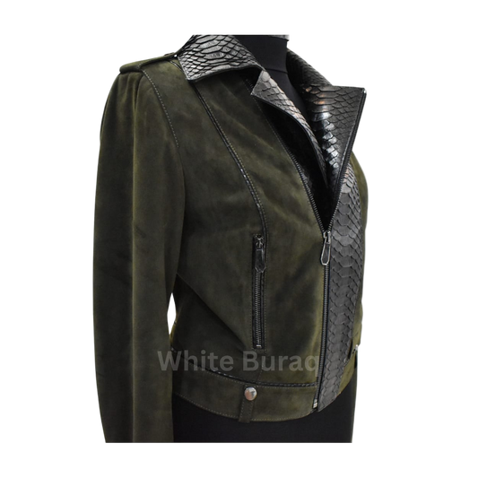 Green leather jacket with snake skin collar 