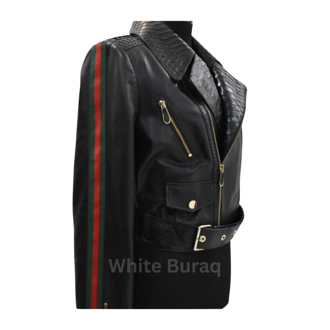 Black leather jacket with red and green stripe 