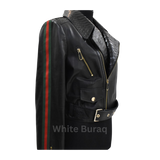 Black leather jacket with red and green stripe 