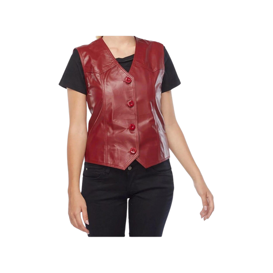 Red leather vest worn over a black shirt 