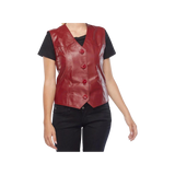 Red leather vest worn over a black shirt 