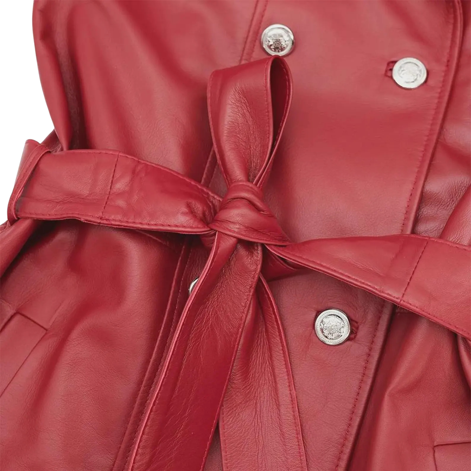 Close-up of a red leather jacket with a tie waist 