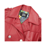 Red leather jacket with a brand label 