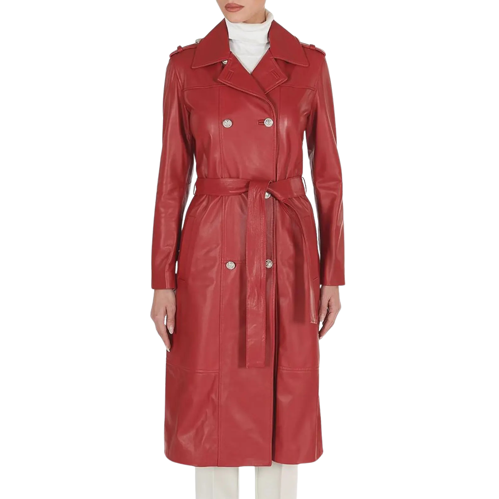 Red leather trench coat 