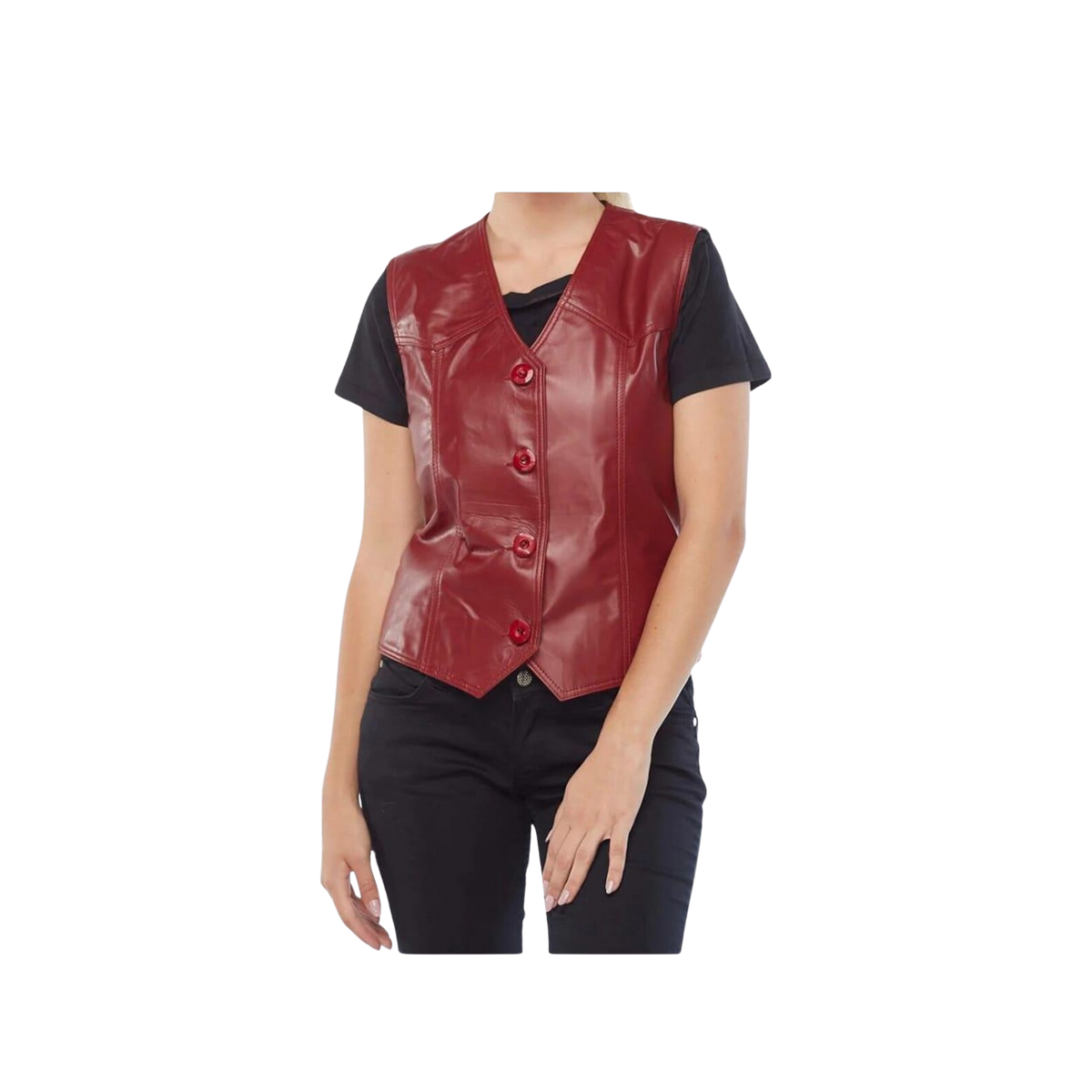 Red leather vest worn by a person