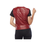 Red leather vest worn by a person 