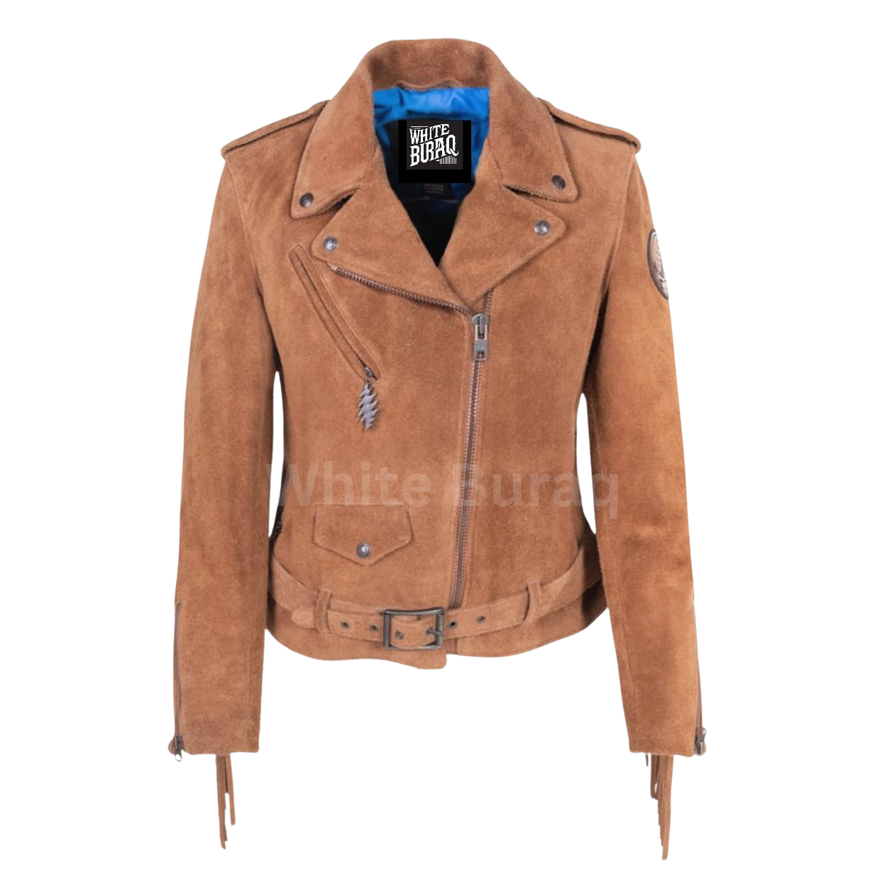 Brown suede jacket with visible branding 
