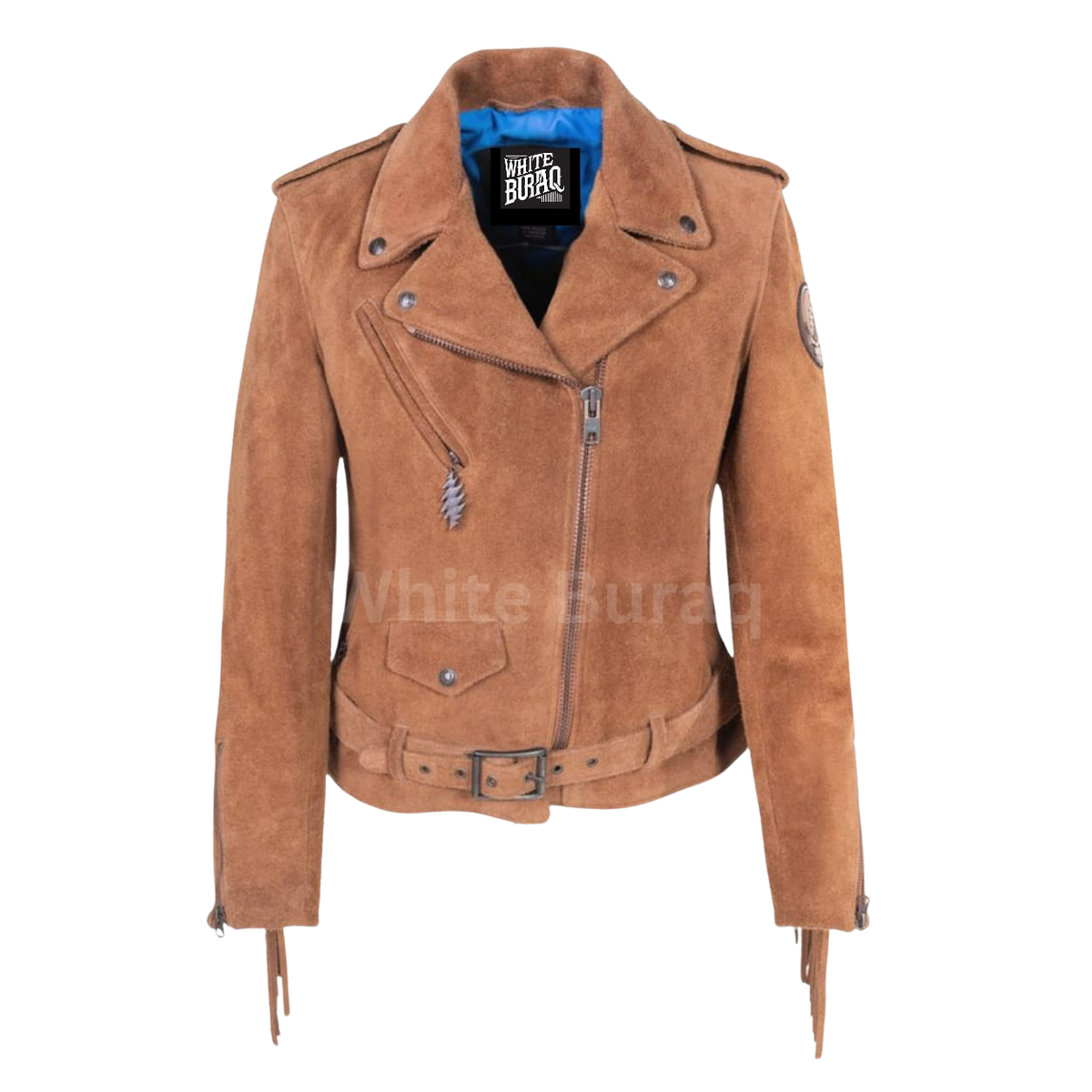 Brown suede jacket with visible branding 