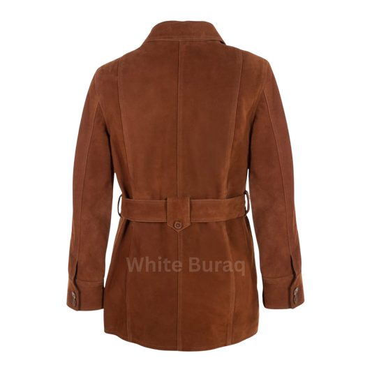 Brown suede coat with a belt 