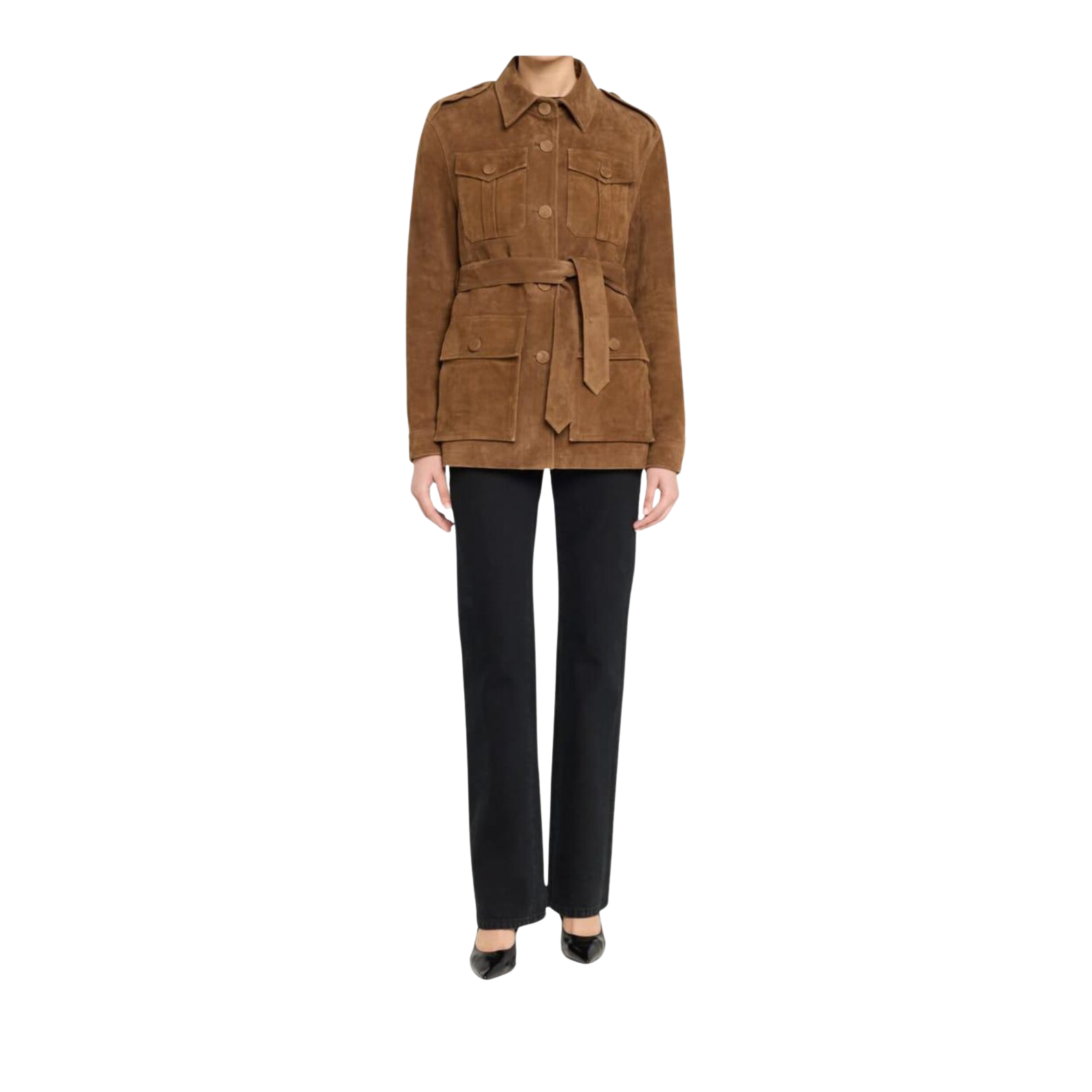 Brown jacket with a belt and black pants 