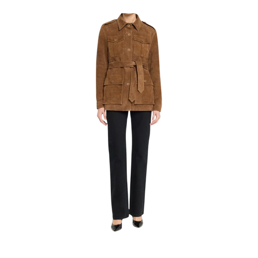 Brown jacket with a belt and black pants 