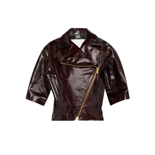 Brown leather jacket with gold zipper 