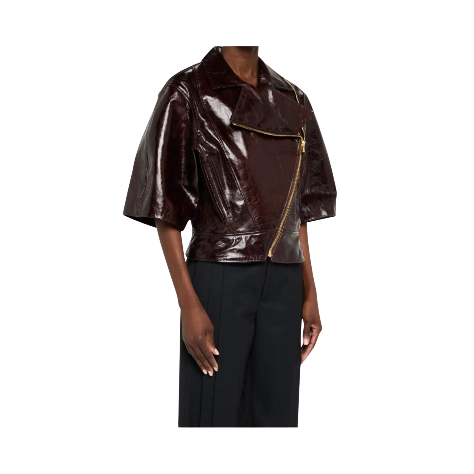 Brown leather jacket with gold zipper 