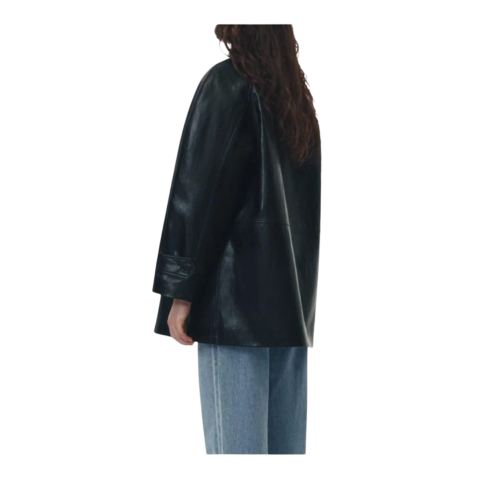 Black leather jacket worn by a person 