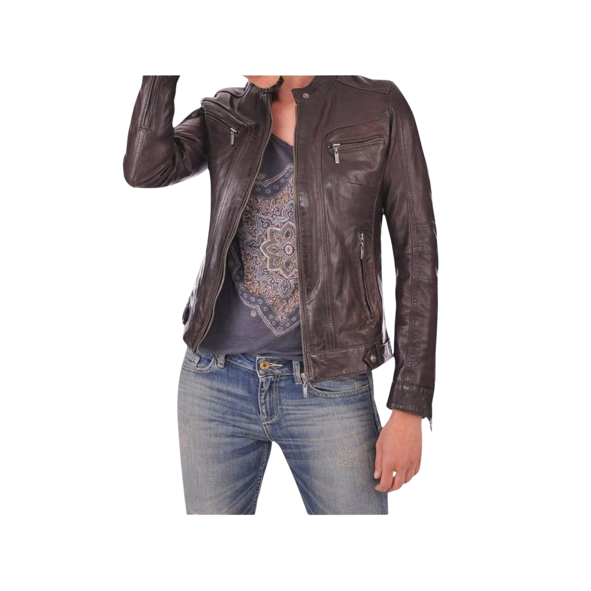 Brown leather jacket worn by a person 
