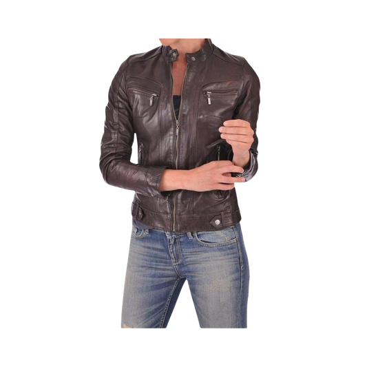 Person wearing a brown leather jacket and blue jeans 
