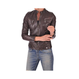 Person wearing a brown leather jacket and blue jeans 