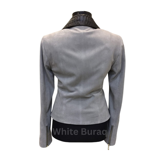 Gray leather jacket on a mannequin 