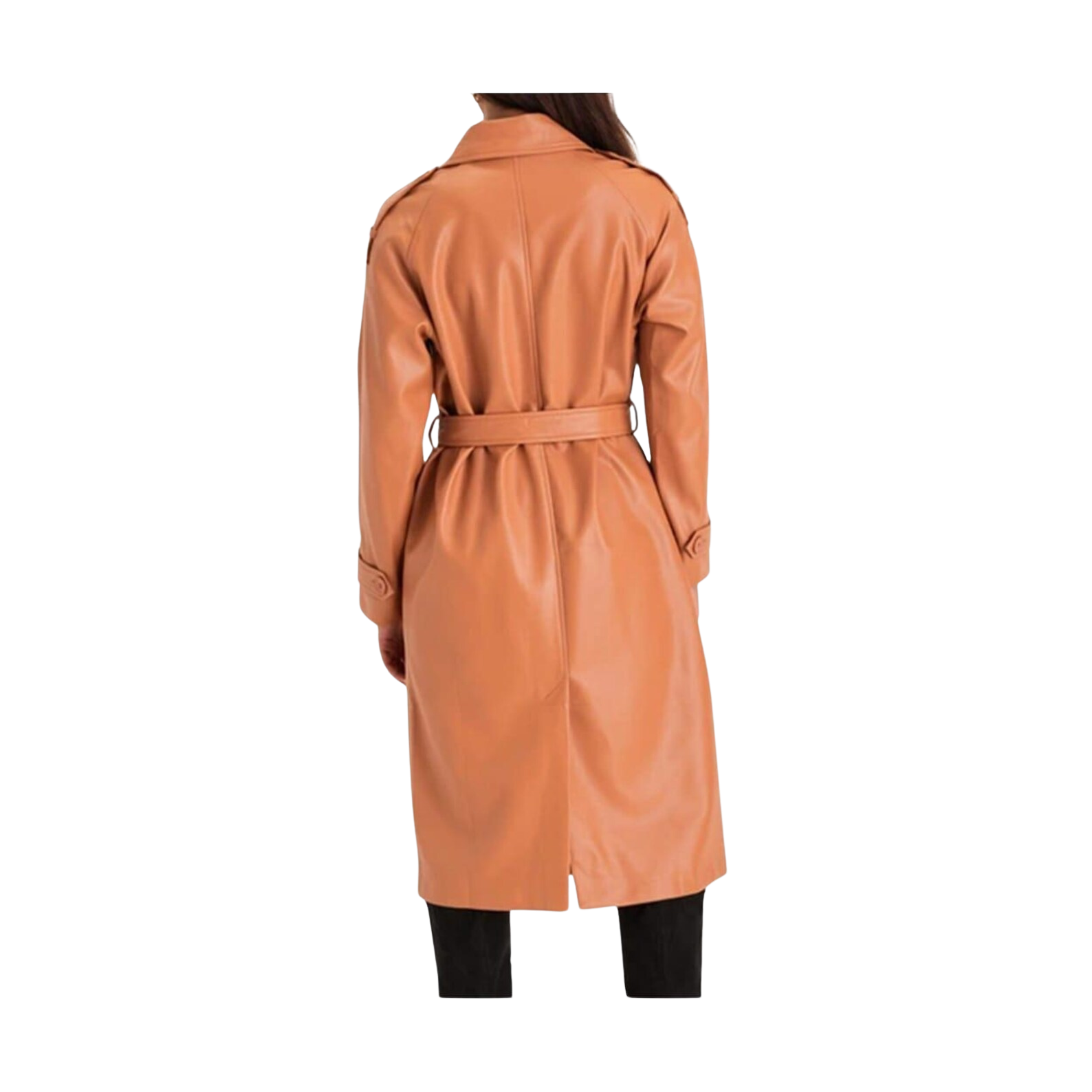 brown trench coat worn by a person on a white background