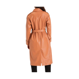 brown trench coat worn by a person on a white background