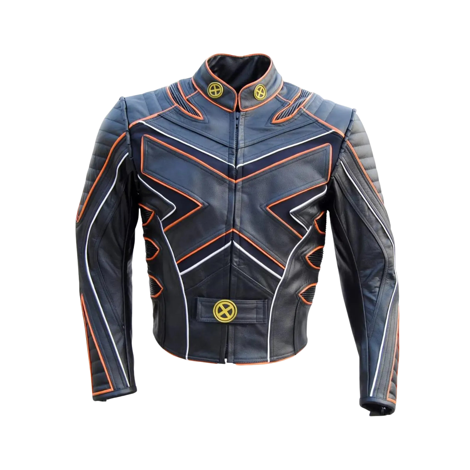 Black leather jacket with orange accents 