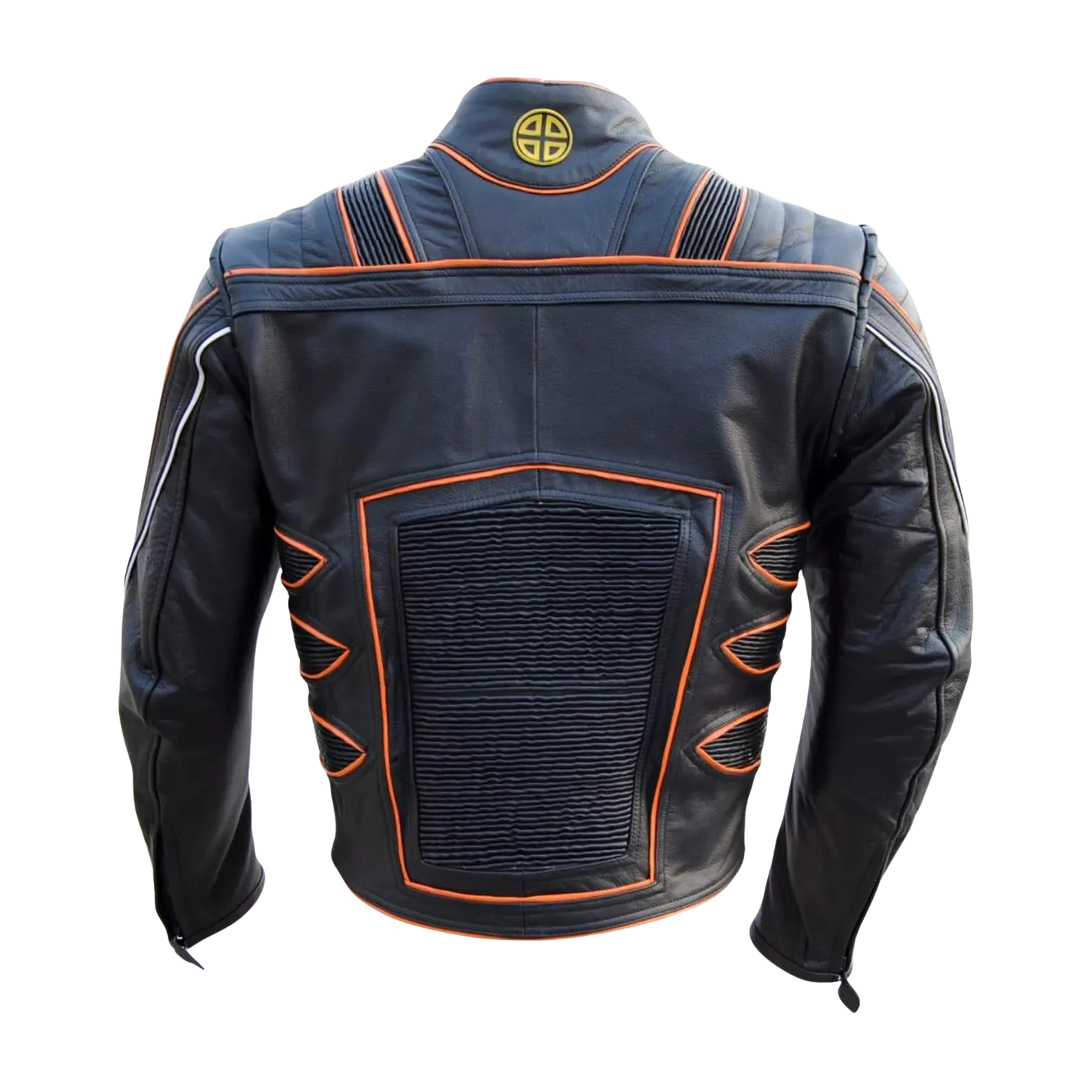 Black leather jacket with orange accents 