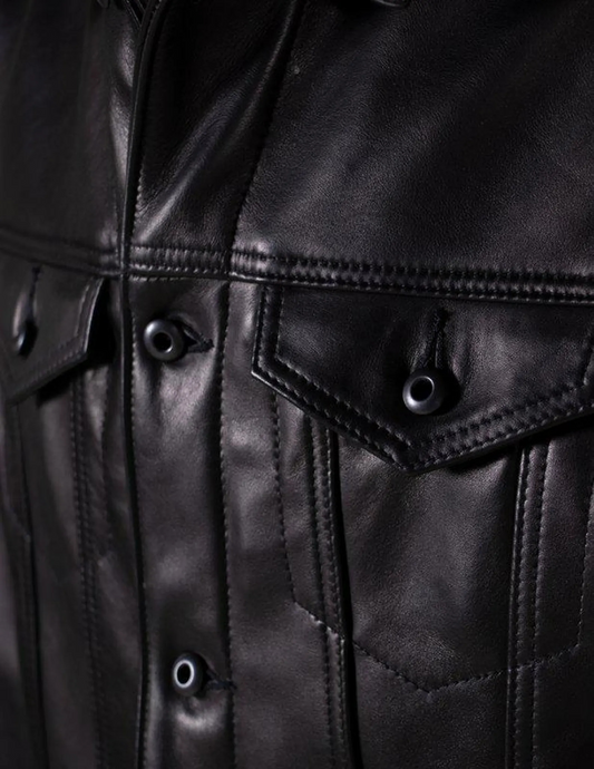 Close-up of a black leather jacket with buttons