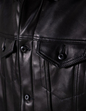 Close-up of a black leather jacket with buttons