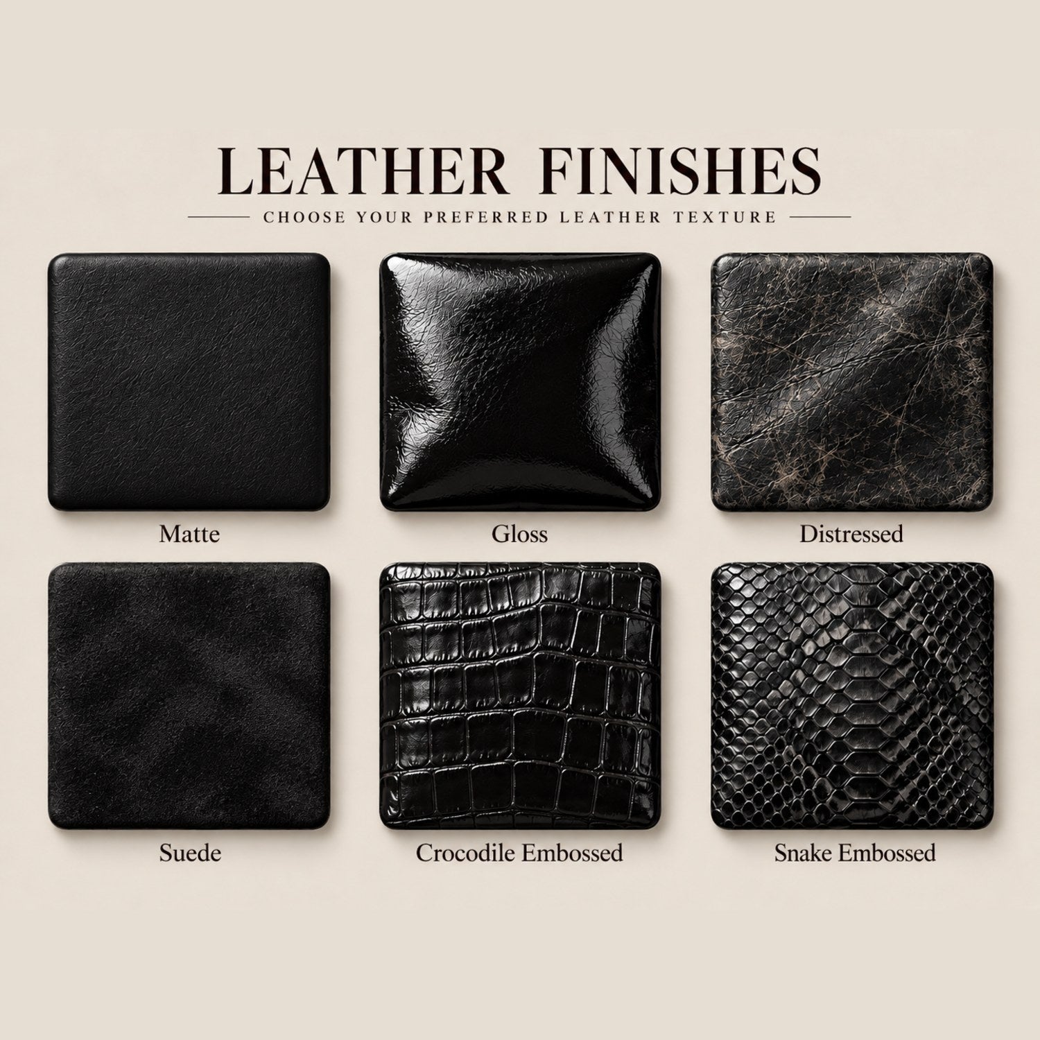 Leather finishes – matte, gloss, distressed, suede, croc and snake embossed
