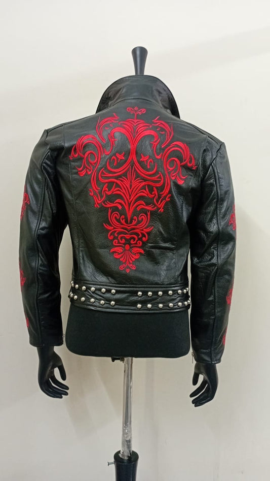 Men's Gothic Dragon Black Leather Jacket, back view on a mannequin