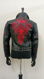 Gothic dragon black leather jacket with red embroidery, back view on mannequin