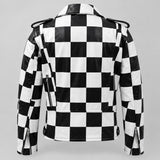 Checkerboard leather biker jacket, back view