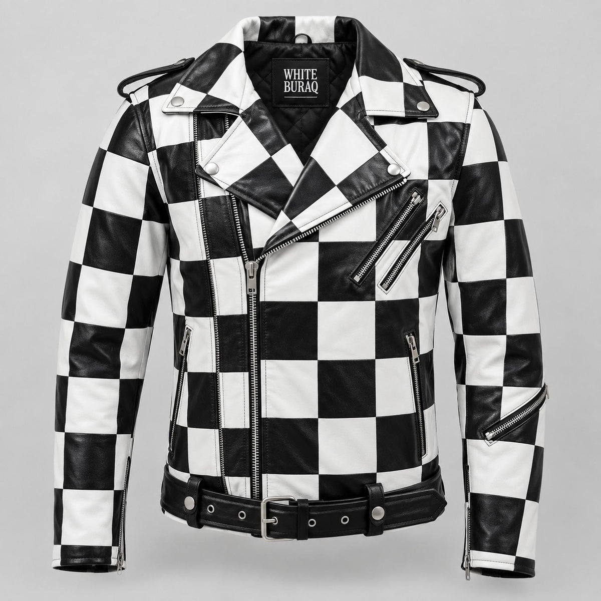 Men's black and white checkered leather motorcycle jacket, front view