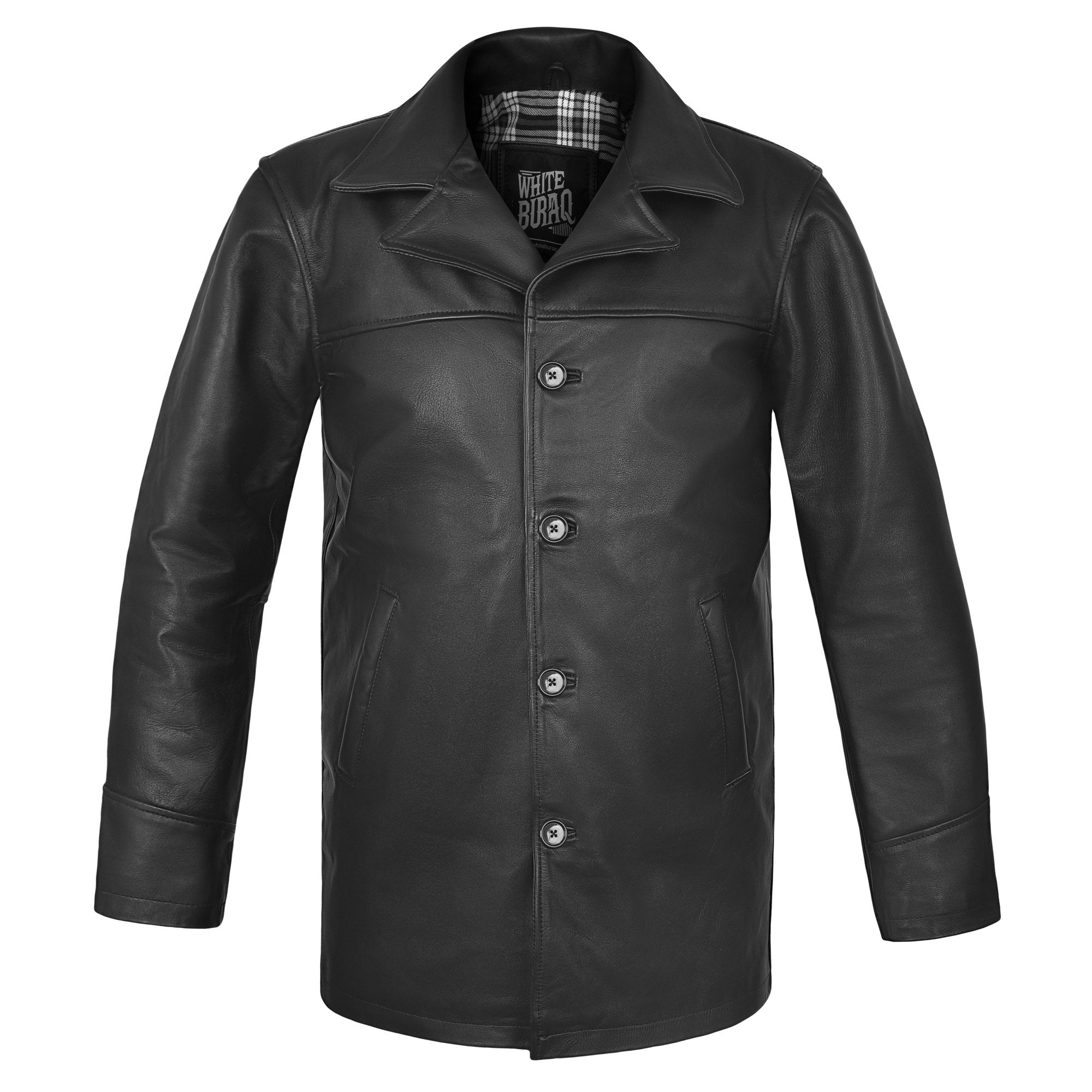 Men's Black Cowhide Car Coat with Plaid Lining – front view