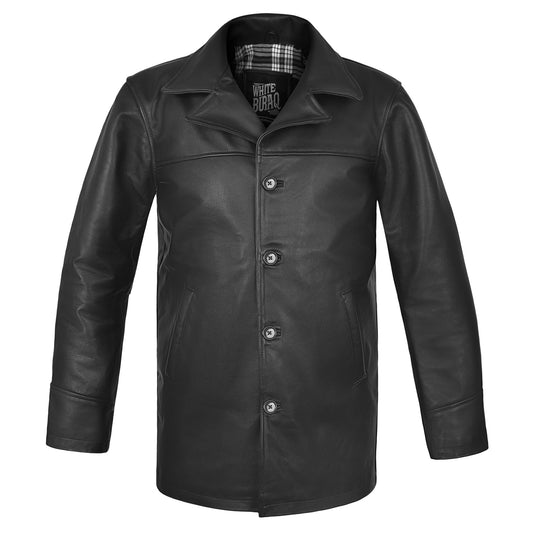 Men's Black Cowhide Car Coat with Plaid Lining – front view