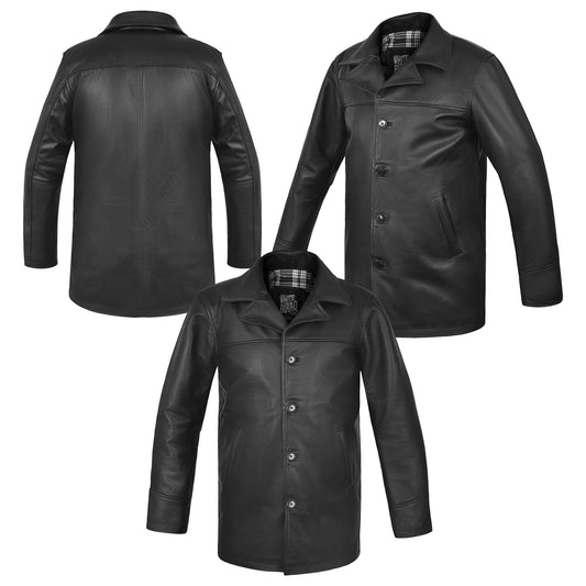 Men's Black Cowhide Car Coat with Plaid Lining – front, back and side views