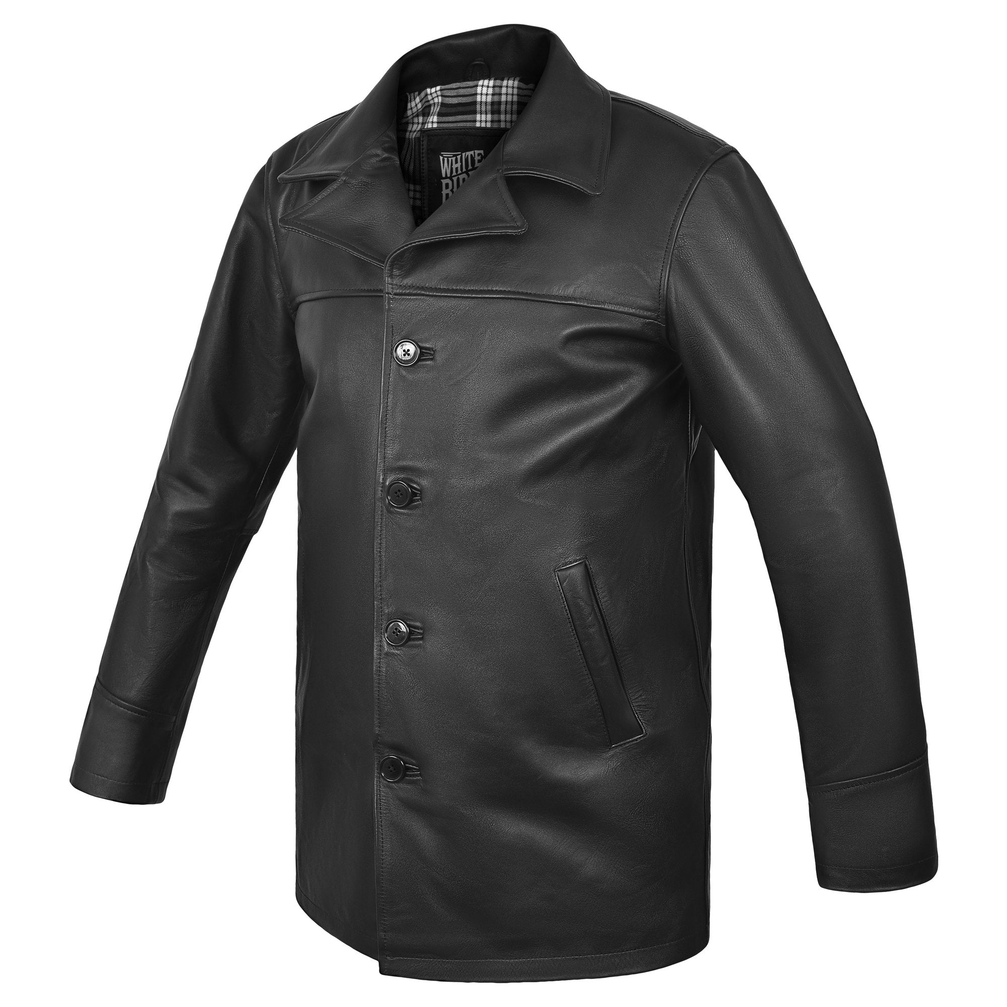 Men's Black Cowhide Car Coat with Plaid Lining – three-quarter side view