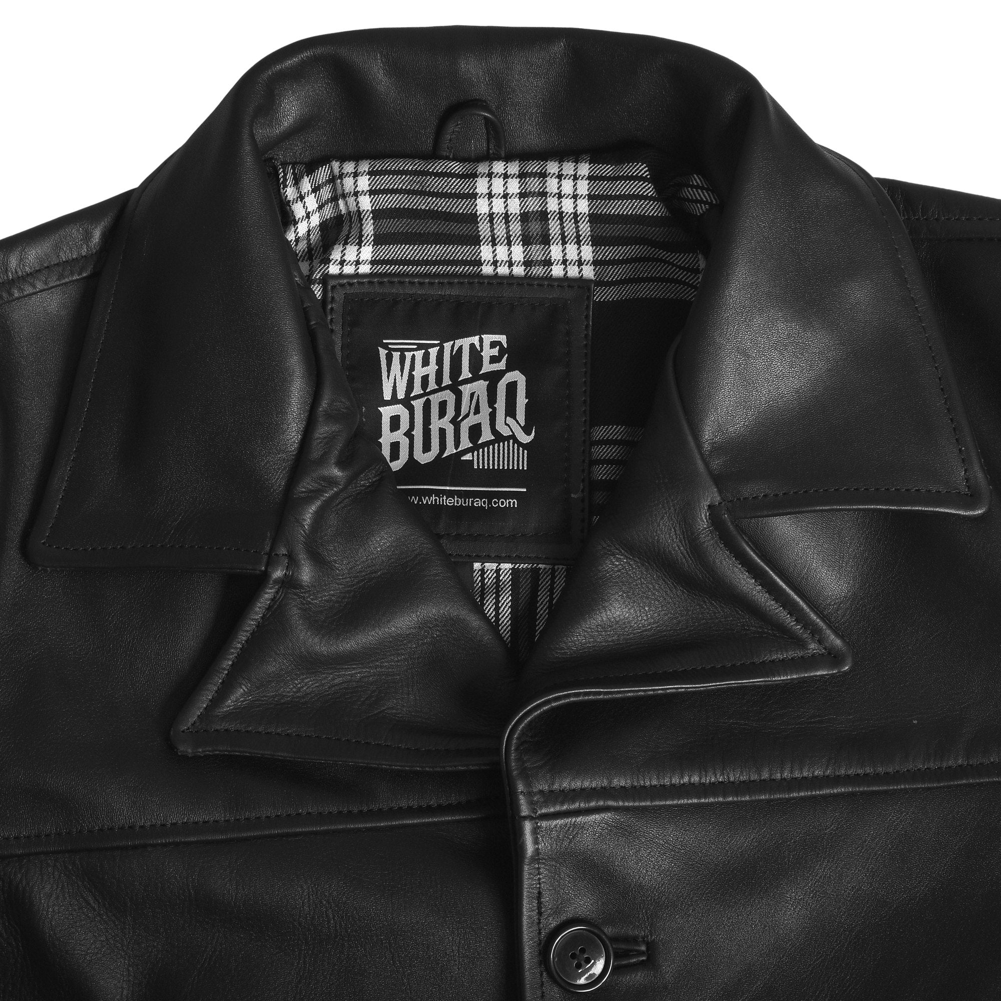 Men's Black Cowhide Car Coat with Plaid Lining – point collar and label close-up