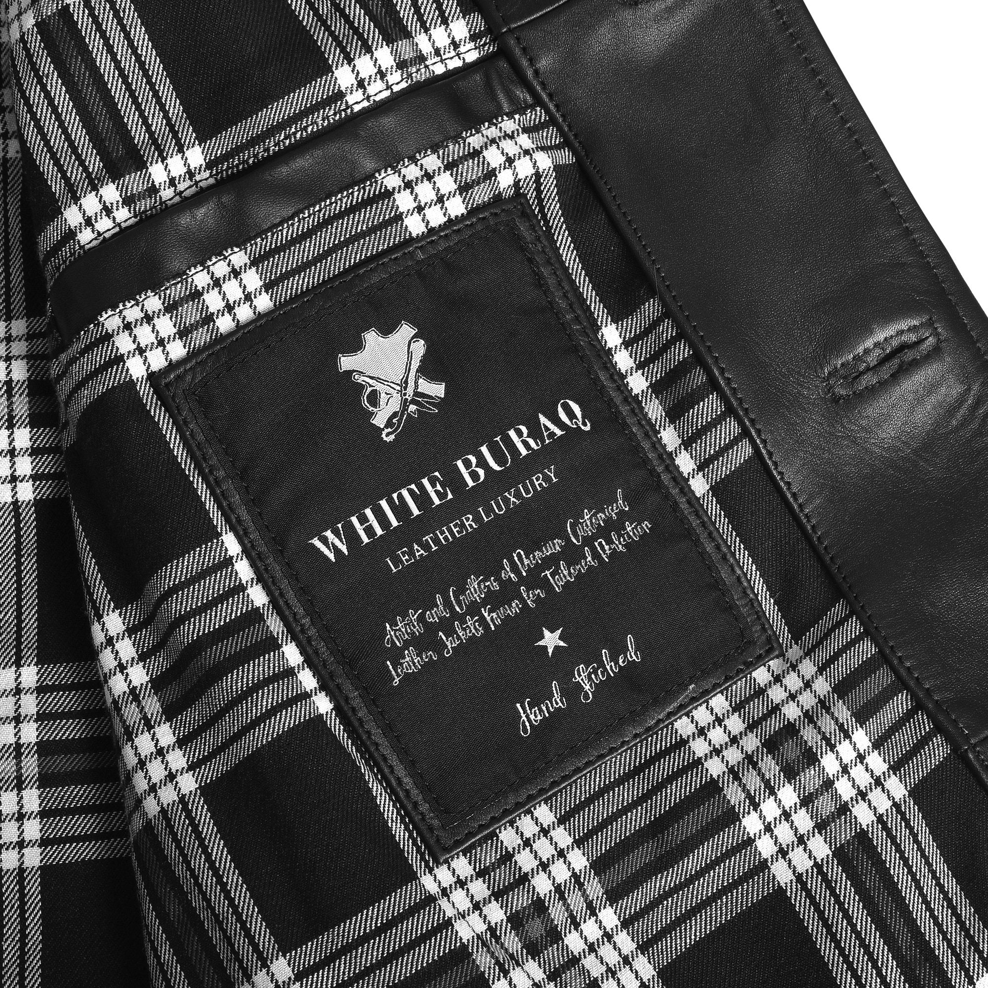 Men's Black Cowhide Car Coat with Plaid Lining – black and white plaid lining with inside label