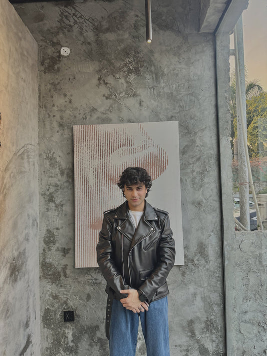 Men's Black Leather Belted Biker Jacket – worn by model, front view