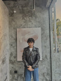 Men's Black Leather Belted Biker Jacket – worn by model, front view