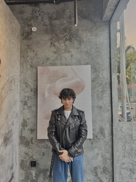 Men's Black Leather Belted Biker Jacket – worn by model, front detail
