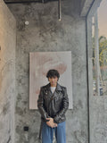 Men's Black Leather Belted Biker Jacket – worn by model, front detail