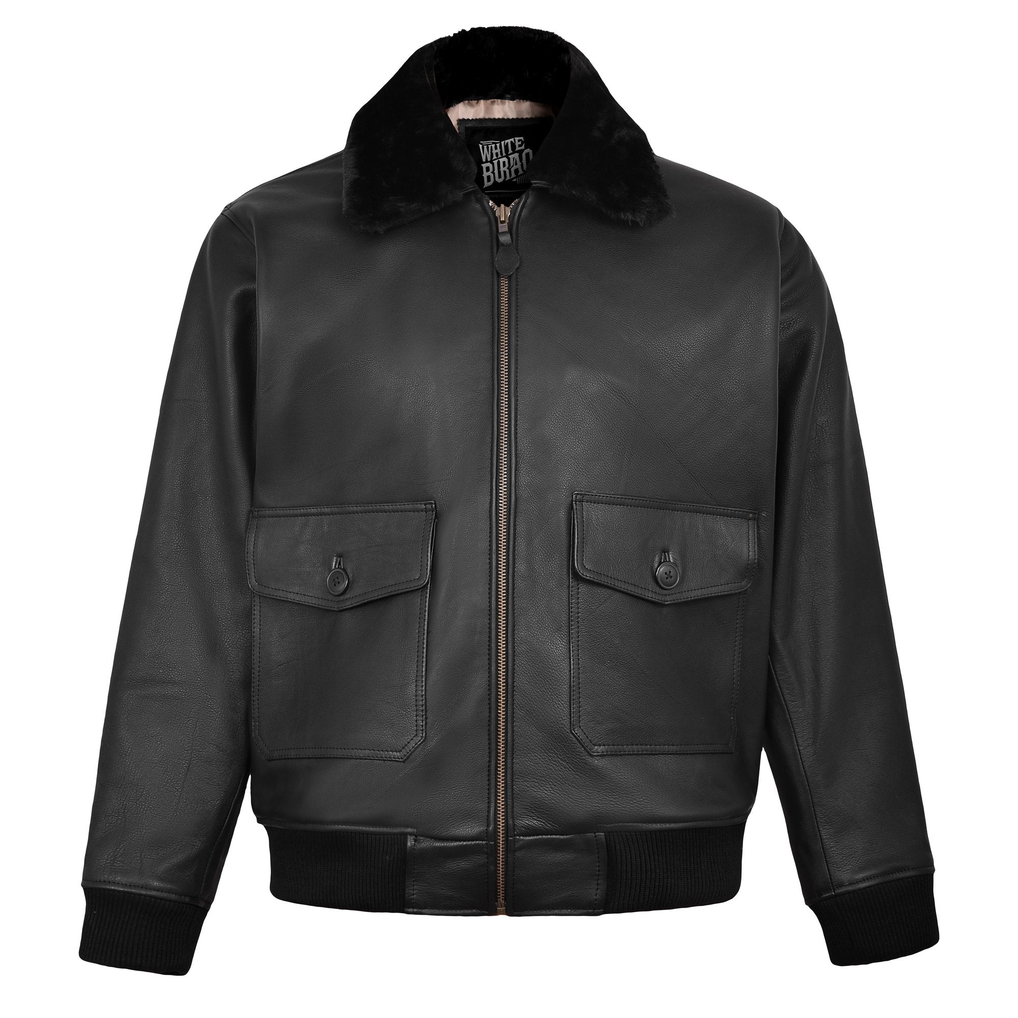 Men's Black Leather G-1 Flight Jacket with Faux Fur Collar – front view
